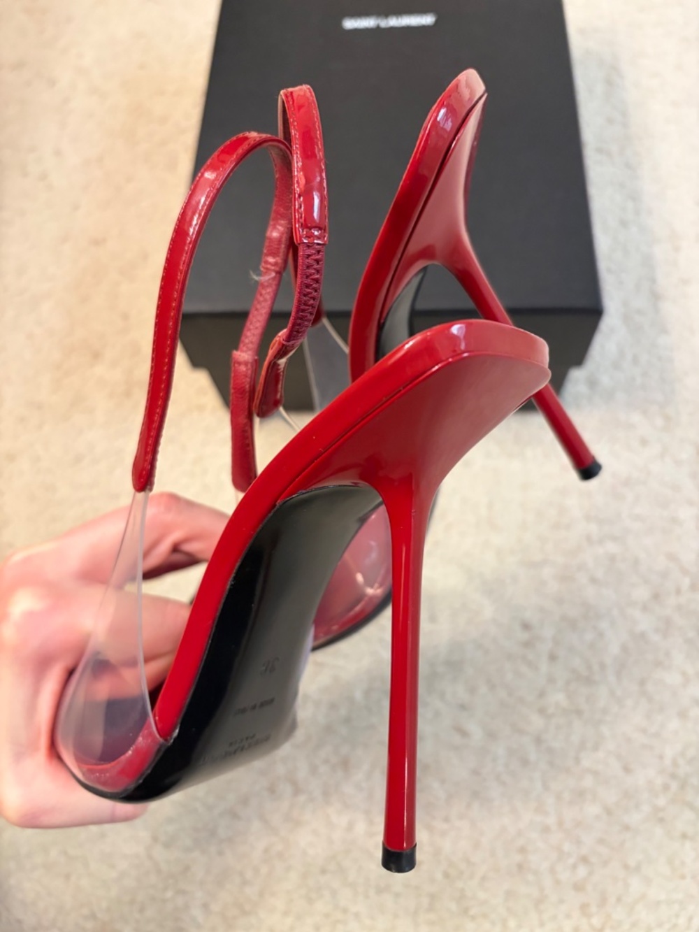 $1,095 SAINT LAURENT Frida Leather And Pvc Slingback Pumps In Cherry - Picture 11 of 13